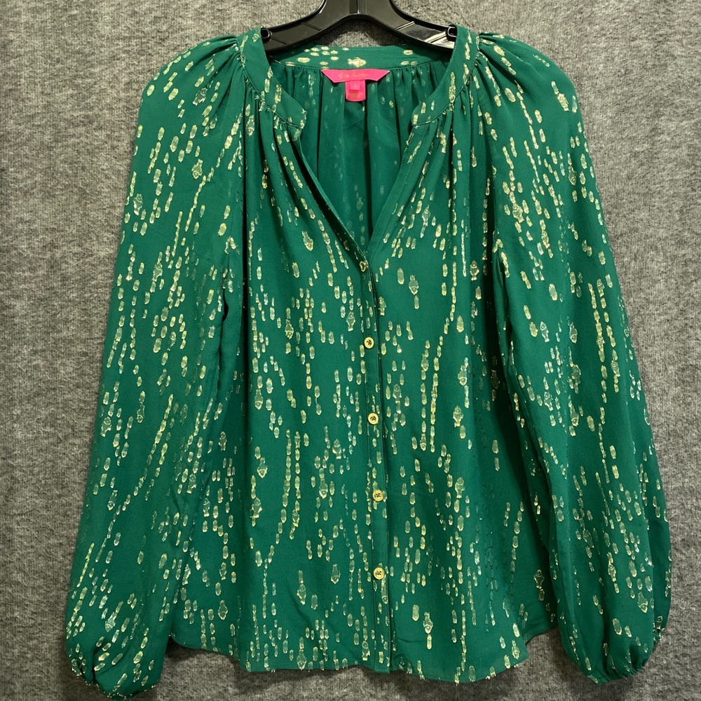 Lilly Pulitzer Elsa Silk Top Womens S Green Gold Metallic Button Boho Peasant